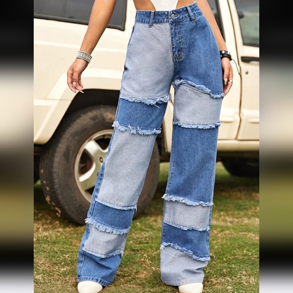 Shein jeans,denim pants,size L,high waist, fringe design with patch 100% cotton. - Picture 1 of 17